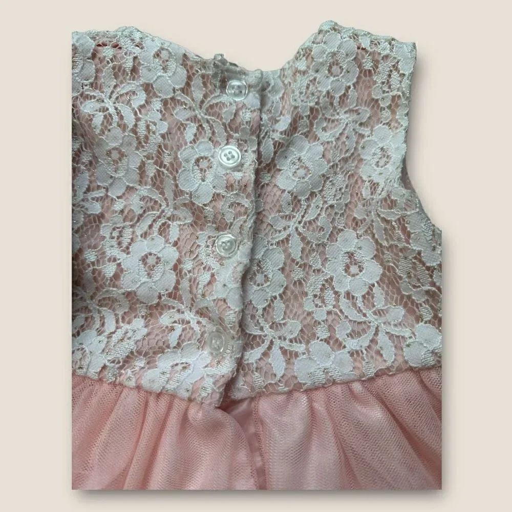 Little Lass Pink Lace-Accent Rosette-Skirt A-Line Dress‎